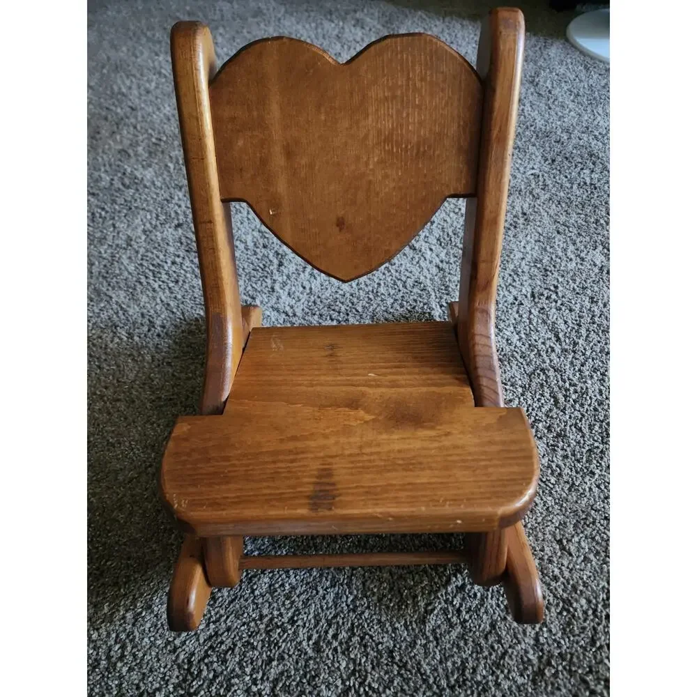FOLDING Solid Wood Vtg Child Doll Rocking Chair Heart Shape Cottage Core Country